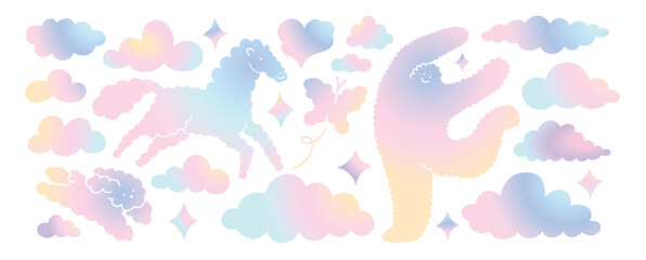 Y2k liquid gradient style hologram shape vector element. Holographic cloud human horse rabbit sticker. White background. Modern organic symbol. Aesthetic blur shine figure set. Graphic decoration. © Anna
