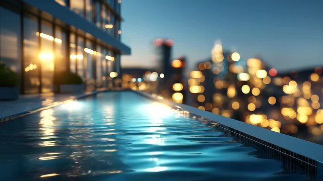 Infinity pool with skyline background display luxury condo rooftop setting city view vacation travel modern architecture elegant design sophisticated lifestyle representation