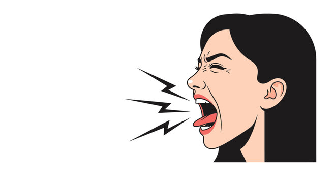Side profile of a woman with dark hair intensely yelling or shouting with sound lines emanating from her wide-open mouth.