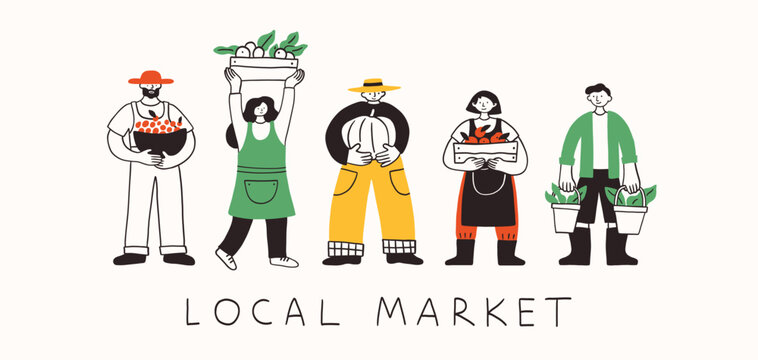 Farm agricultural workers or local farmers hold bucket and sell fruits and vegetables from farm at market. Hand drawn simple ink vector illustration. Farming, agriculture or local organic production.
