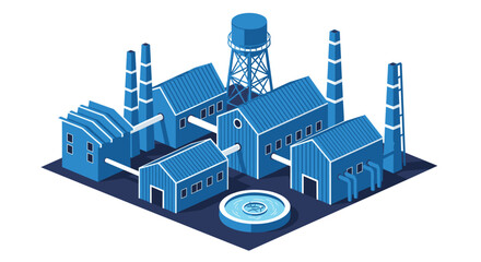 Obraz premium Isometric industrial factory with multiple buildings, smokestacks, a water tower, and a treatment pond on a white background.