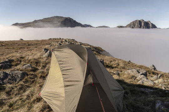 A wild camping tent in amazing cloud inversion in Snowdonia