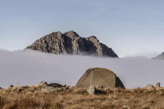 A wild camping tent in amazing cloud inversion in Snowdonia
