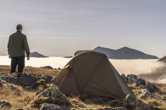 A wild camping tent in amazing cloud inversion in Snowdonia