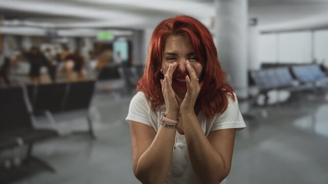Woman with red hair cups hands at mouth and leans forward in busy airport terminal, smiling and calling out to someone; excitement travel anticipation.