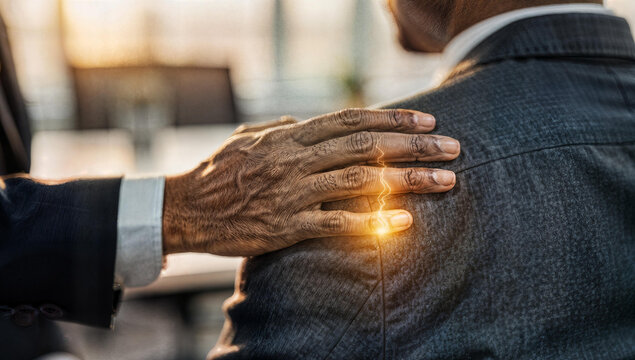 Empathetic leader comforting colleague with supportive hand on shoulder in office