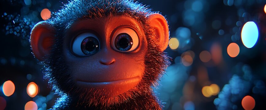 Adorable animated monkey with big eyes in a vibrant, glowing forest at night.