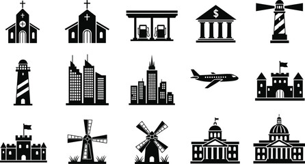 Obraz premium Black and white of various buildings and landmarks silhouettes church