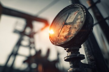 High-Precision Gauge on Petroleum Conduit with Sun Glare and Blurred Derrick