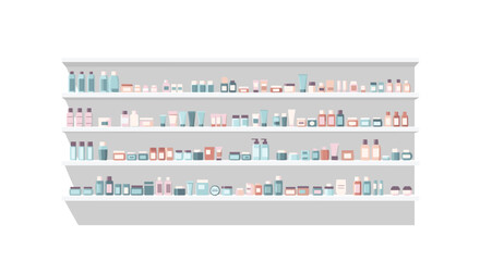 A wide view of a modern white shelving unit filled with rows of various cosmetic and personal care products.