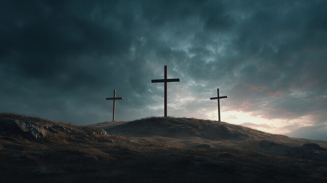 Three Wooden Crosses on Golgotha Hill Under a Dramatic Sky at Sunset