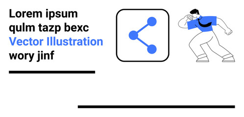 Social interaction, communication, networking, digital connection, data sharing, collaboration. A man looks at an abstract blue connection icon with text elements. Social interaction and networking