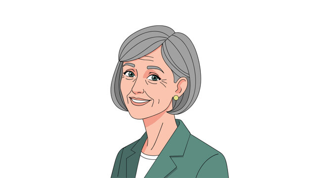 A smiling elderly woman with gray bob-cut hair, wearing a green jacket and gold earrings, looks at the viewer.