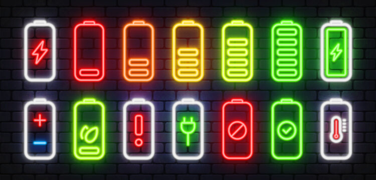 Neon vector collection of battery charge indicators with various status symbols. Bright glowing levels show power, warning, eco mode and full capacity. Perfect for tech apps, energy themes.