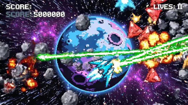 Retro Space Shooter Gameplay - Defending Earth from Asteroids and Alien Invaders.