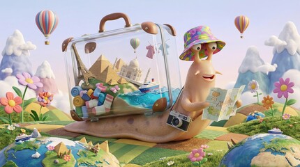 Cartoon snail tourist with suitcase and map in a colorful fantasy landscape. Travel planning, vacation fun, adventure journey, cute character. Surreal Silliness