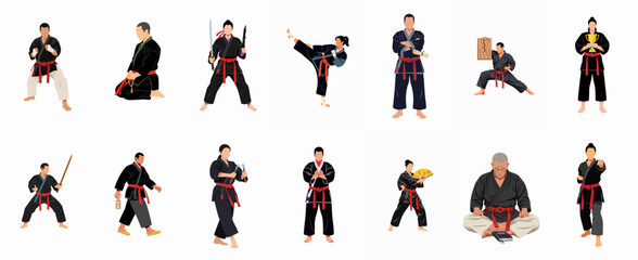 Diverse Martial Arts Practitioners Vector Illustration Set Showing Fighters in Action Poses, Training, and Demonstrating Skills with Traditional Weapons. © Telu