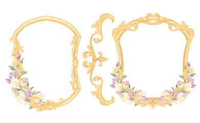 Watercolor baroque flora, frames. Elements for decor, the Middle Ages. Antiquity. Golden luxurious frames. Watercolor baroque flower, Vintage Gold frame, Vintage Victorian frame. Wedding decor. 