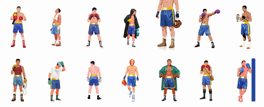 Diverse set of flat vector illustrations featuring professional male boxers in champion, training, fighting, and resting poses, isolated on white.