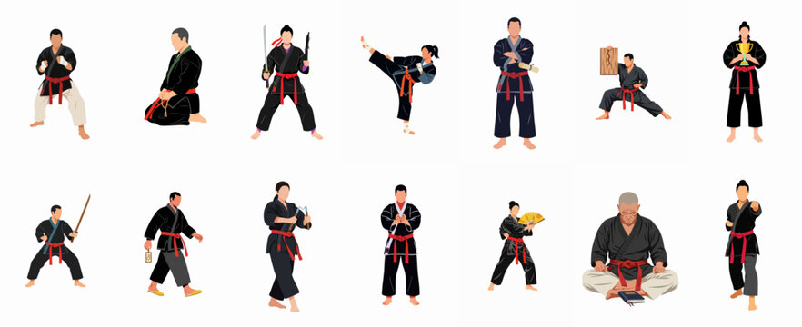 Diverse Martial Arts Practitioners Vector Illustration Set Showing Fighters in Action Poses, Training, and Demonstrating Skills with Traditional Weapons.