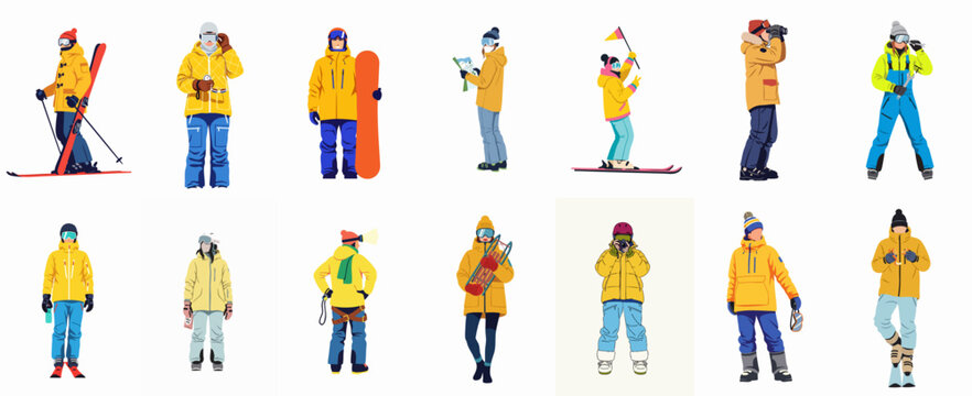 Diverse Winter Sports and Adventure People Vector Set, featuring skiers, snowboarders, and mountaineers in yellow jackets, isolated on white.