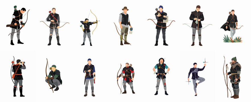 Flat vector set of medieval archers, fantasy heroes, and forest rogues in diverse costumes and poses, isolated on white background.