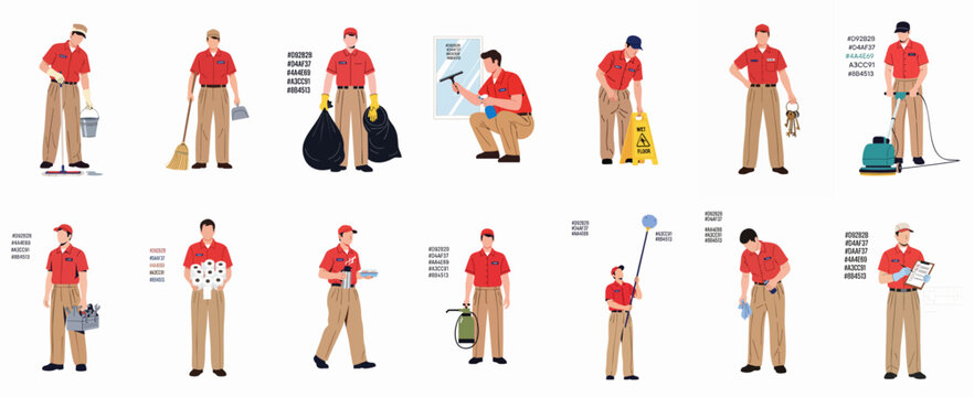 Professional Janitor and Facility Maintenance Worker Vector Set Performing Various Cleaning Tasks including Mopping, Sweeping, Window Washing, and Restocking.
