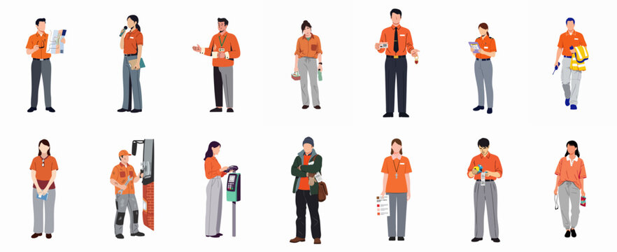 Diverse group of service and operational staff wearing orange uniforms, including logistics workers, technicians, managers, and customer service representatives.