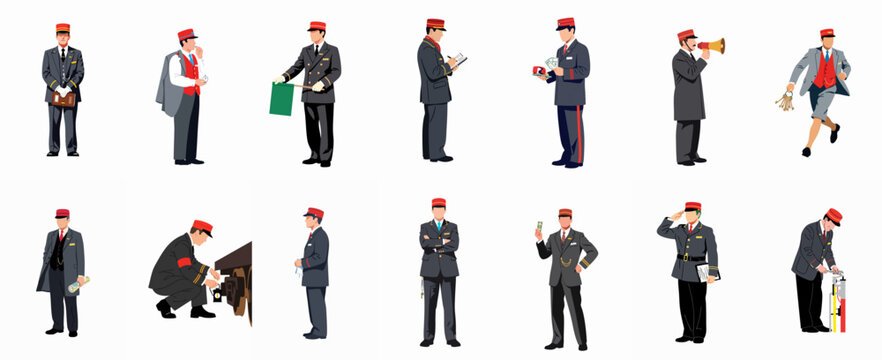Set of vector illustrations depicting a male train conductor or railway station master performing essential duties like signaling, ticketing, and maintenance.