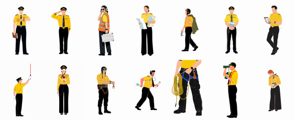 Diverse set of flat vector illustrations depicting aviation professionals, pilots, flight crew, airport ground staff, and air traffic controllers in uniform roles. © Telu