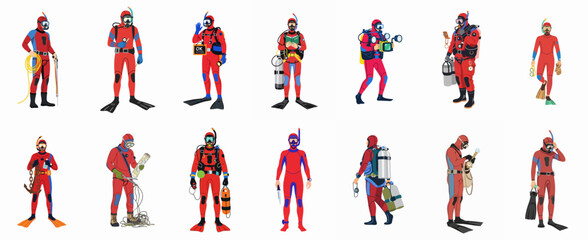 Collection of Scuba Divers in Red Wetsuits Engaged in Various Activities: Spearfishing, Deep Diving, Underwater Photography, and Nautical Exploration Gear. © Telu