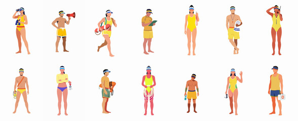 Diverse set of male and female lifeguards and beach rescuers characters performing various duties, holding equipment like buoys, megaphones, and first aid kits. © Telu