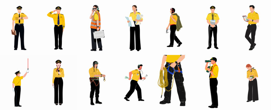 Diverse set of flat vector illustrations depicting aviation professionals, pilots, flight crew, airport ground staff, and air traffic controllers in uniform roles.