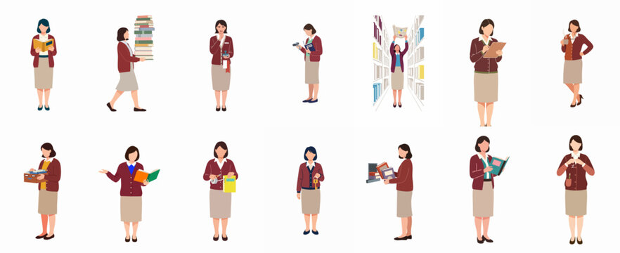Collection of female librarian character illustrations demonstrating various professional duties and services in a library setting.