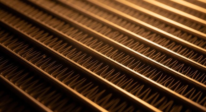 Close-up view of a metallic radiator with parallel fins, industrial design.