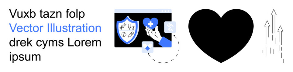 Healthcare, security systems, medical assistance, growth, protection, digital concepts. A shield with health symbols, heart shape and upward arrows. Highlights healthcare and security systems