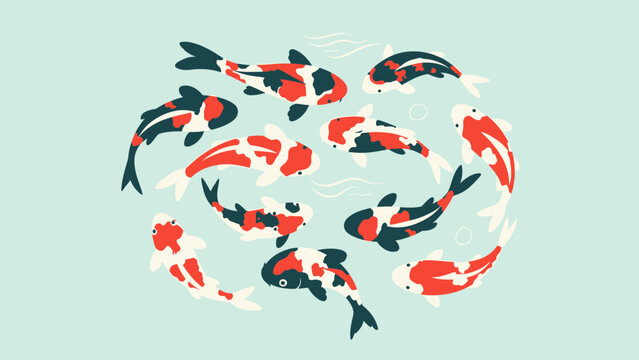 Colorful koi fish swimming in circle vector illustration on blue background