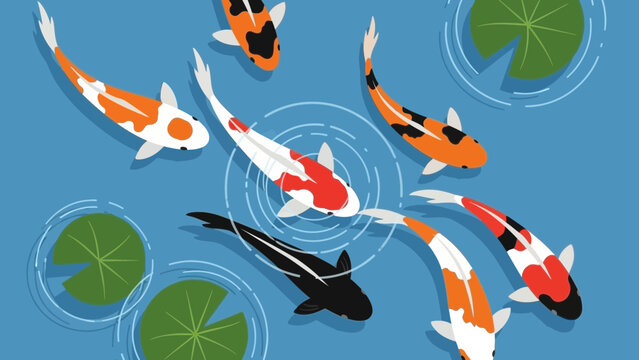 Colorful koi fish swimming in pond with water lilies vector illustration