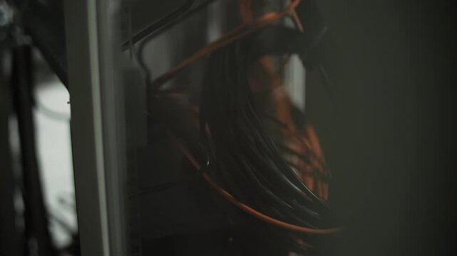 Bundled network cables inside server cabinet for IT infrastructure