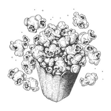 An artistic illustration of a box filled with popcorn kernels and pieces