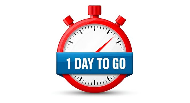 A red stopwatch with a blue banner counting down to one day