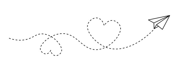 Paper airplane with dashed heart line flight path