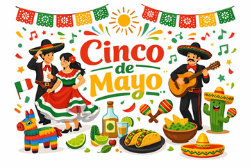 Naklejka premium A vibrant illustration celebrating Cinco de Mayo with traditional Mexican music, dance, and food