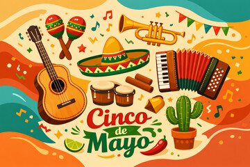 Cinco de Mayo musical instruments illustration, abstract background
