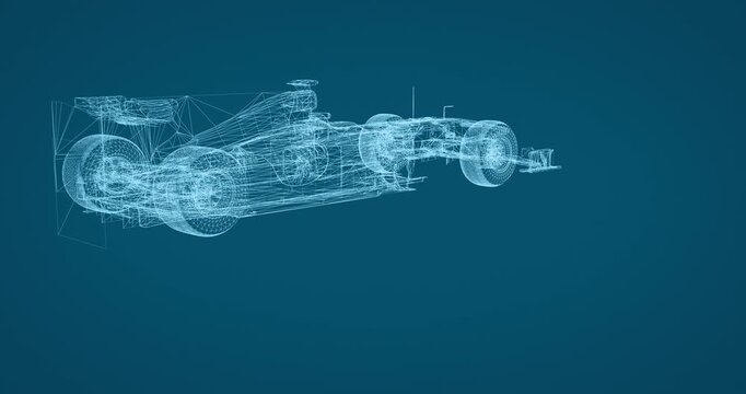 F1 Car Blueprint Wireframe On Deep Blue Background
