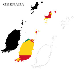 Obraz premium Grenada Country Maps Bundle with National Flag, Black Silhouette and Detailed Outline Contours