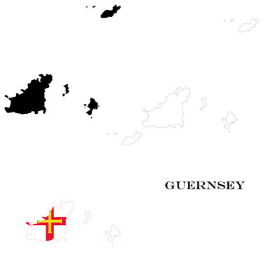 Guernsey Territory Maps Bundle with National Flag, Black Silhouette and Detailed Outline Contours