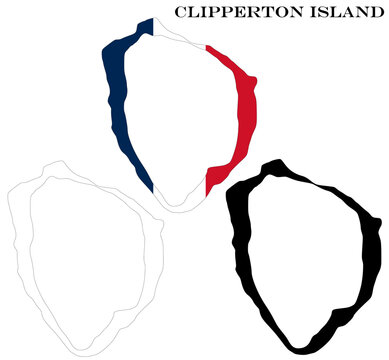 Clipperton Island Territory Maps Bundle with National Flag, Black Silhouette and Detailed Outline Contours