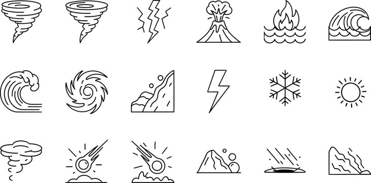 A collection of line art icons depicting various natural disasters and extreme weather conditions