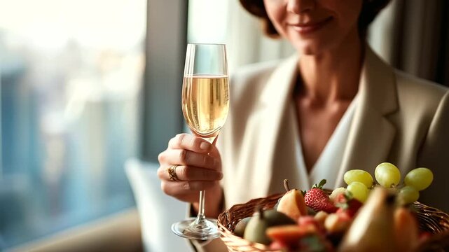Faceless woman in luxury hotel room enjoying city view champagne fruit basket relaxation luxury lifestyle showcasing accommodation experience moment defocused urban background